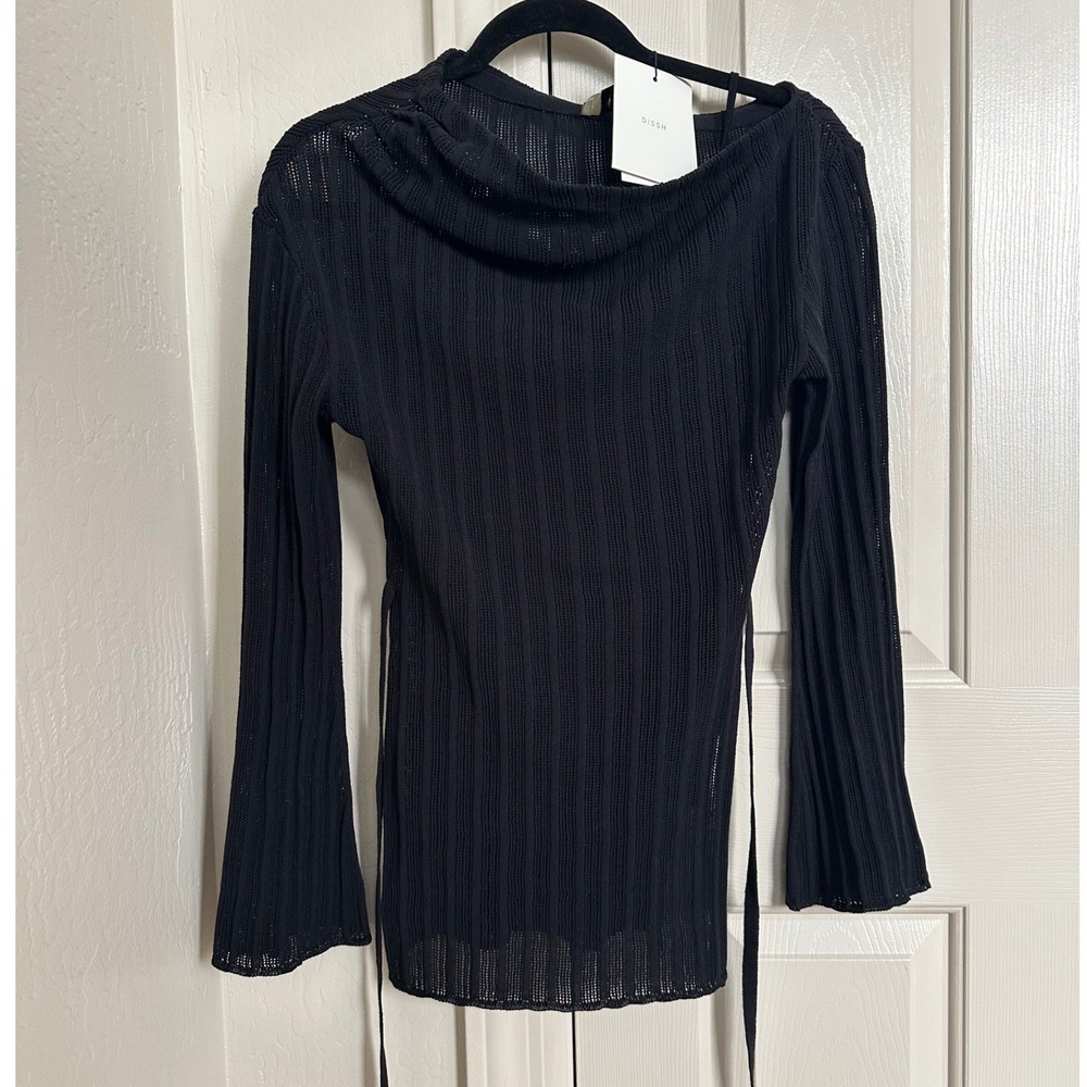 DISSH Bowie Black Long Sleeve Knit Top Off Shoulder Sheer Ribbed DUF04120BK.600 - Picture 3 of 10